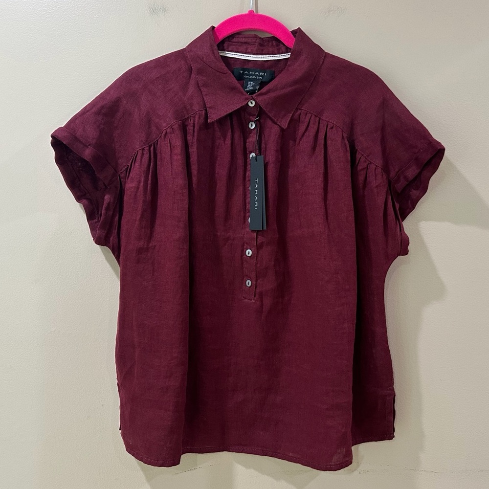 TAHARI Linen Blouse Collared Half Button Top Maroon Cap Sleeve Coastal Womens M